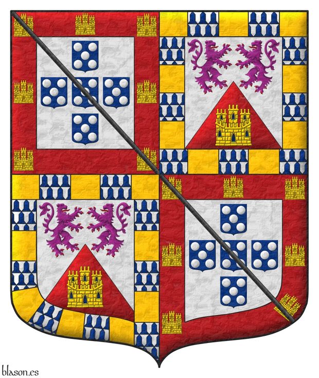 Quarterly: 1 and 4 Argent, five escutcheons in cross Azure, each charged with five plates in saltire, a bordure Gules, charged with seven castles triple-towered Or, 3, 2, and 2 [for Portugal]; the whole debruised by a baston Sable; 2 and 3 party per chevron Argent and Gules, in chief two lions combatant Purpure, armed and langued Gules [for Leon], in base a castle triple-towered Or, port and windows Azure, masoned Sable [for Castile]; a bordure compony of eighteen sections Or and vair [for �lvarez de las Asturias].