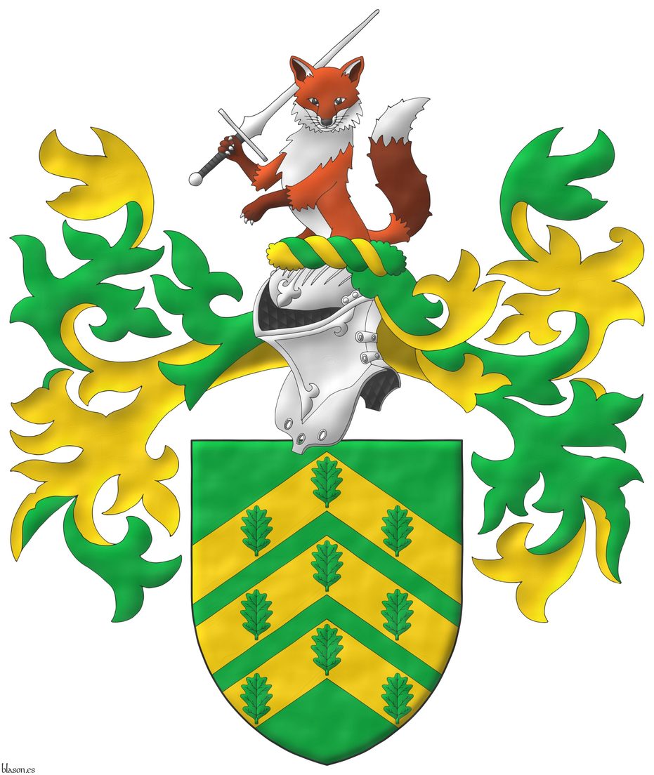 Escudo de sinople, tres cabrios de oro cargados de nueve hojas de roble de sinople, 3, 3 y 3. Timbrado de un yelmo adornado de dos lambrequines de sinople doblados de oro, un burelete de oro y sinople, cimado de un zorro saliente, guardante, teniendo en su diestra una espada feder puesta en barra, ambos al natural.
