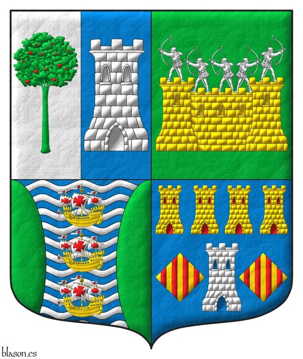 Quarterly: 1 per pale: 1 Argent, a madrone tree (Arbutus unedo) Vert, fructed Gules; 2 Azure, a tower Argent; 2 Vert, on a wall Or, masoned Sable, by five archers Argent in shooting stance; 3 barry wavy Azure and Argent, three caravels in pale Or, sails and pennons Argent charged with crosses Gules, between two flanches Vert; 4 Azure, a tower Argent, port and windows Azure, masoned Sable, between two lozenges Or, each charged with four pallets Gules, in chief four towers in fess Or, port and windows Gules, masoned Sable.