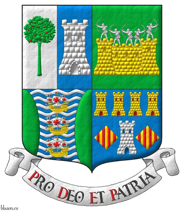 Quarterly: 1 per pale: 1 Argent, a madrone tree (Arbutus unedo) Vert, fructed Gules; 2 Azure, a tower Argent; 2 Vert, on a wall Or, masoned Sable, by five archers Argent in shooting stance; 3 barry wavy Azure and Argent, three caravels in pale Or, sails and pennons Argent charged with crosses Gules, between two flanches Vert; 4 Azure, a tower Argent, port and windows Azure, masoned Sable, between two lozenges Or, each charged with four pallets Gules, in chief four towers in fess Or, port and windows Gules, masoned Sable. Motto: �Pro Deo et Patria�.