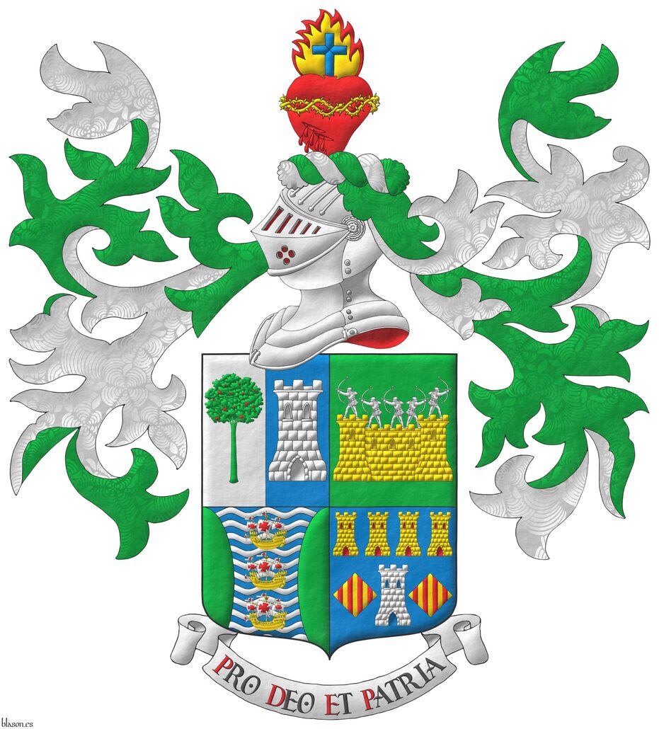 Escudo cuartelado: 1o partido: 1o de plata, un madro�o de sinople, frutado de gules, 2o de azur, una torre de plata; 2o de sinople: una muralla de oro, mazonada de sable, sumada de cinco arqueros de plata en disposici�n de disparar; 3o fajado ondado de azur y plata, tres carabelas en palo de oro, con velas y gallardetes de plata, cargados de cruces de gules, flanqueado curvo de sinople; 4o de azur, una torre de plata, aclarada de azur, mazonada de sable, acompa�ada de dos losanges de oro, cargados de cuatro palos de gules, en jefe cuatro torres en faja de oro, aclaradas de gules, mazonadas de sable. Timbrado de un yelmo adornado de dos lambrequines de sinople doblados de plata, un burelete de plata y sinople, cimado de un coraz�n sangrante de gules, resaltado de una corona de espinas de oro, sumado de una llama de oro, perfilada de gules, cargada de una cruz latina de azur. Lema: �Pro Deo et Patria�.