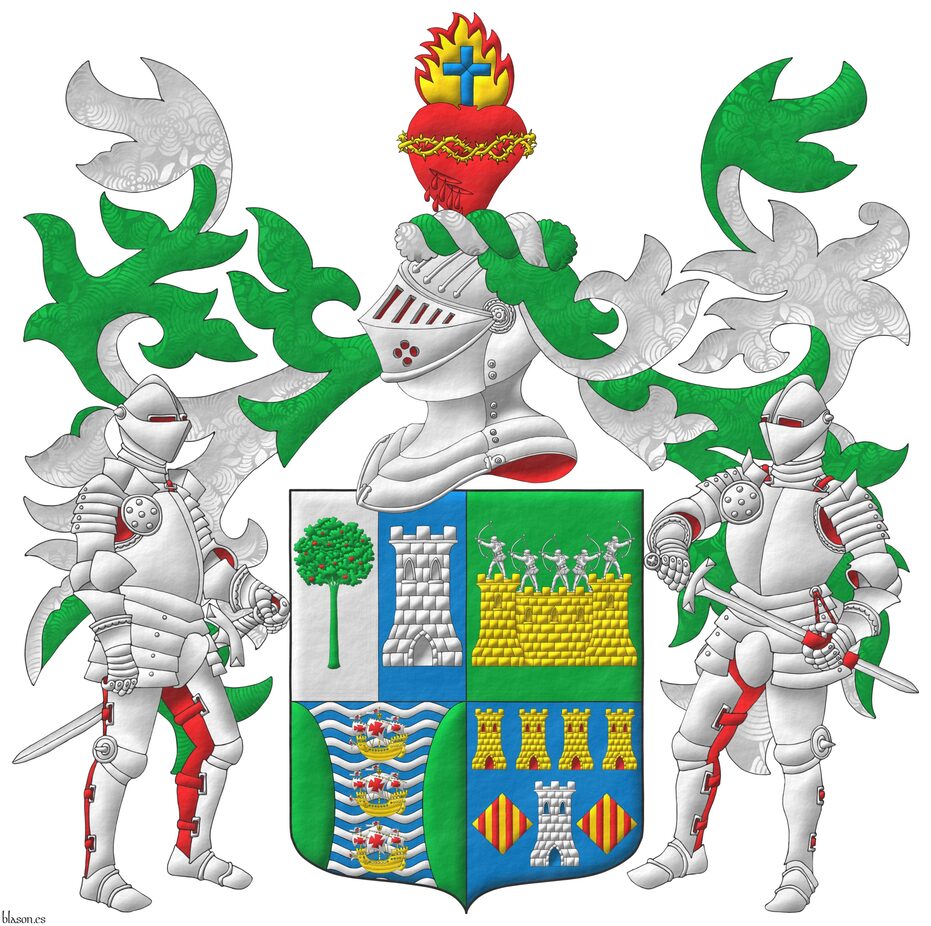 Escudo cuartelado: 1o partido: 1o de plata, un madro�o de sinople, frutado de gules, 2o de azur, una torre de plata; 2o de sinople: una muralla de oro, mazonada de sable, sumada de cinco arqueros de plata en disposici�n de disparar; 3o fajado ondado de azur y plata, tres carabelas en palo de oro, con velas y gallardetes de plata, cargados de cruces de gules, flanqueado curvo de sinople; 4o de azur, una torre de plata, aclarada de azur, mazonada de sable, acompa�ada de dos losanges de oro, cargados de cuatro palos de gules, en jefe cuatro torres en faja de oro, aclaradas de gules, mazonadas de sable. Timbrado de un yelmo adornado de dos lambrequines de sinople doblados de plata, un burelete de plata y sinople, cimado de un coraz�n sangrante de gules, resaltado de una corona de espinas de oro, sumado de una llama de oro, perfilada de gules, cargada de una cruz latina de azur. Por tenantes dos caballeros con armadura completa de plata, forrada de gules.
