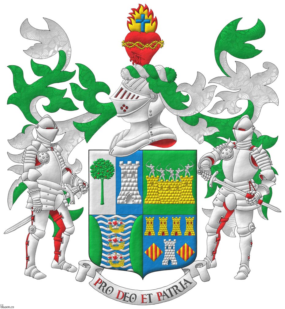 Escudo cuartelado: 1o partido: 1o de plata, un madro�o de sinople, frutado de gules, 2o de azur, una torre de plata, mazonada de sable; 2o de sinople: una muralla de oro, mazonada de sable, sumada de cinco arqueros de plata en disposici�n de disparar; 3o fajado ondado de azur y plata, tres carabelas en palo de oro, con velas y gallardetes de plata, cargados de cruces de gules, flanqueado curvo de sinople; 4o de azur, una torre de plata, aclarada de azur, mazonada de sable, acompa�ada de dos losanges de oro, cargados de cuatro palos de gules, en jefe cuatro torres en faja de oro, aclaradas de gules, mazonadas de sable. Timbrado de un yelmo adornado de dos lambrequines de sinople doblados de plata, un burelete de plata y sinople, cimado de un coraz�n sangrante de gules, resaltado de una corona de espinas de oro, sumado de una llama de oro, perfilada de gules, cargada de una cruz latina de azur. Lema: �Pro Deo et Patria�. Por tenantes dos caballeros con armadura completa de plata, forrada de gules.
