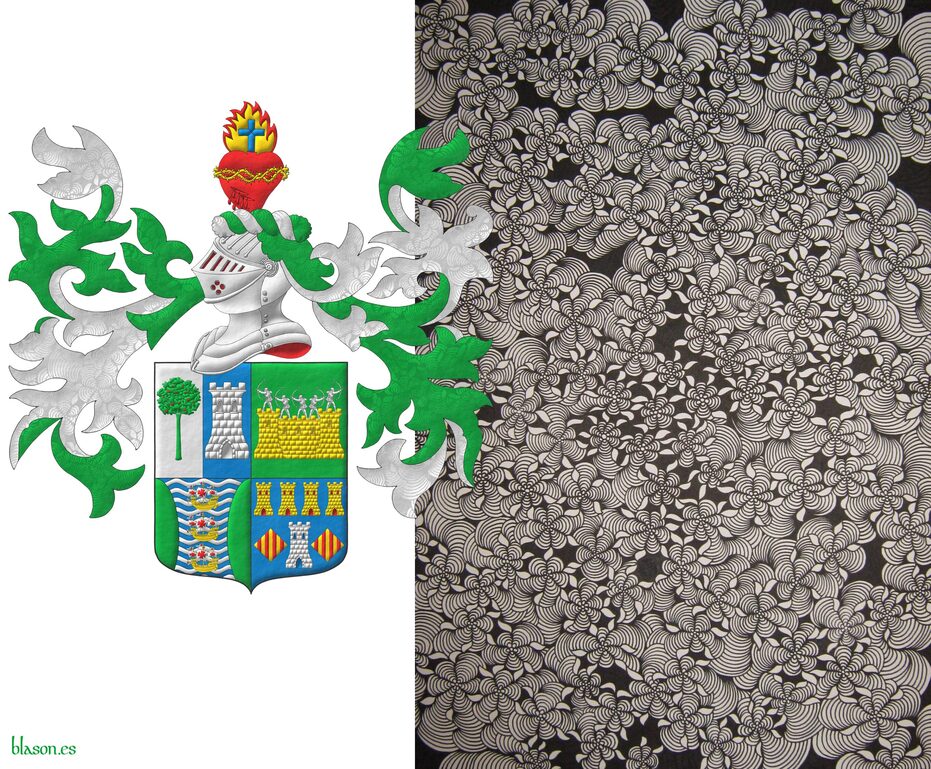 Escudo cuartelado: 1o partido: 1o de plata, un madro�o de sinople, frutado de gules, 2o de azur, una torre de plata; 2o de sinople: una muralla de oro, mazonada de sable, sumada de cinco arqueros de plata en disposici�n de disparar; 3o fajado ondado de azur y plata, tres carabelas en palo de oro, con velas y gallardetes de plata, cargados de cruces de gules, flanqueado curvo de sinople; 4o de azur, una torre de plata, aclarada de azur, mazonada de sable, acompa�ada de dos losanges de oro, cargados de cuatro palos de gules, en jefe cuatro torres en faja de oro, aclaradas de gules, mazonadas de sable. Timbrado de un yelmo adornado de dos lambrequines de sinople doblados de plata, un burelete de plata y sinople, cimado de un coraz�n sangrante de gules, resaltado de una corona de espinas de oro, sumado de una llama de oro, perfilada de gules, cargada de una cruz latina de azur.