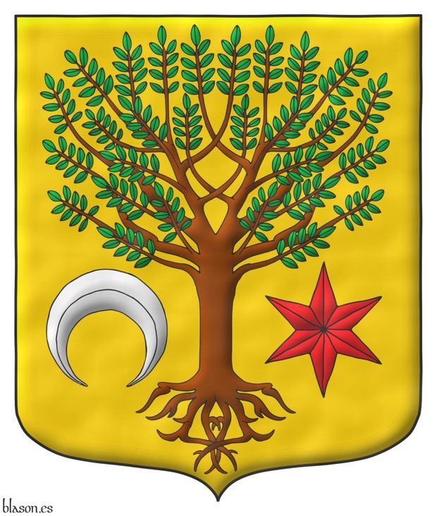 Or, a tree eradicated proper, between in base a crescent reversed Argent and a mullet of six points Gules. Motto: �Onida� in Sable letters over a scroll Argent doubled Or.