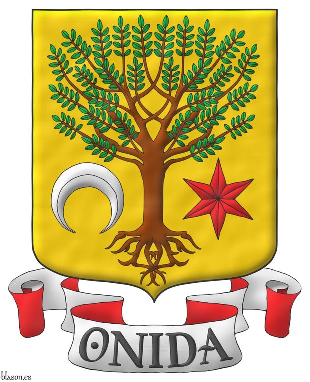 Or, a tree eradicated proper, between in base a crescent reversed Argent and a mullet of six points Gules. Motto: �Onida� in Sable letters over a scroll Argent doubled Or.