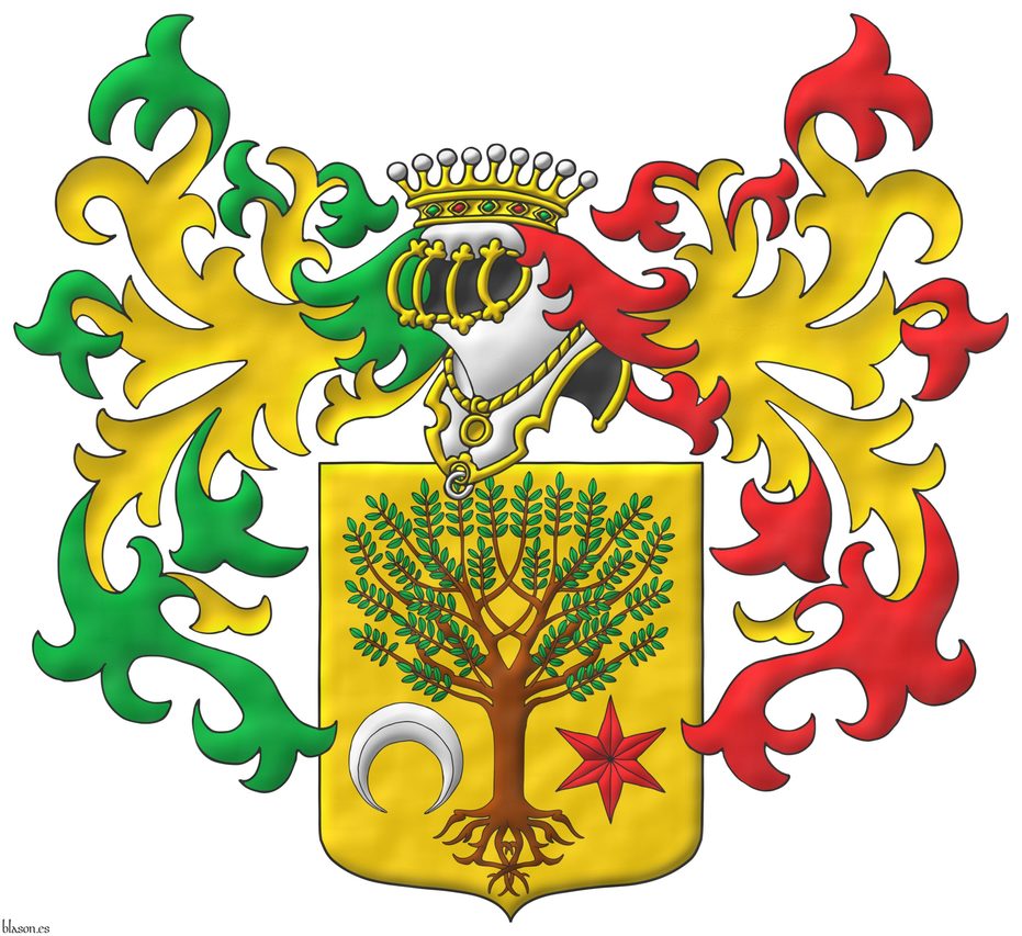 Or, a tree eradicated proper, between in base a crescent reversed Argent and a mullet of six points Gules. Crest: Upon helm Argent, barred Or a barred helm Or, a crown of Count. Mantling: On the dexter Vert doubled Or and on the sinister Gules doubled Or.