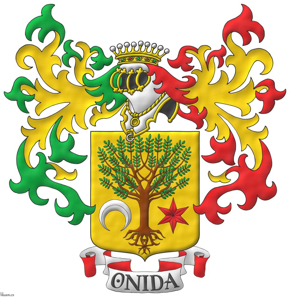 Or, a tree eradicated proper, between in base a crescent reversed Argent and a mullet of six points Gules. Crest: Upon helm Argent, barred Or a barred helm Or, a crown of Count. Mantling: On the dexter Vert doubled Or and on the sinister Gules doubled Or. Motto: �Onida� in Sable letters over a scroll Argent doubled Or.