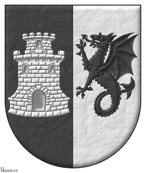 Party per pale: 1 Sable, a tower with a turret Argent; 2 Argent, a wyvern erect Sable.