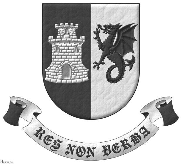 Party per pale: 1 Sable, a tower with a turret Argent; 2 Argent, a wyvern erect Sable. Motto: Res non verba.