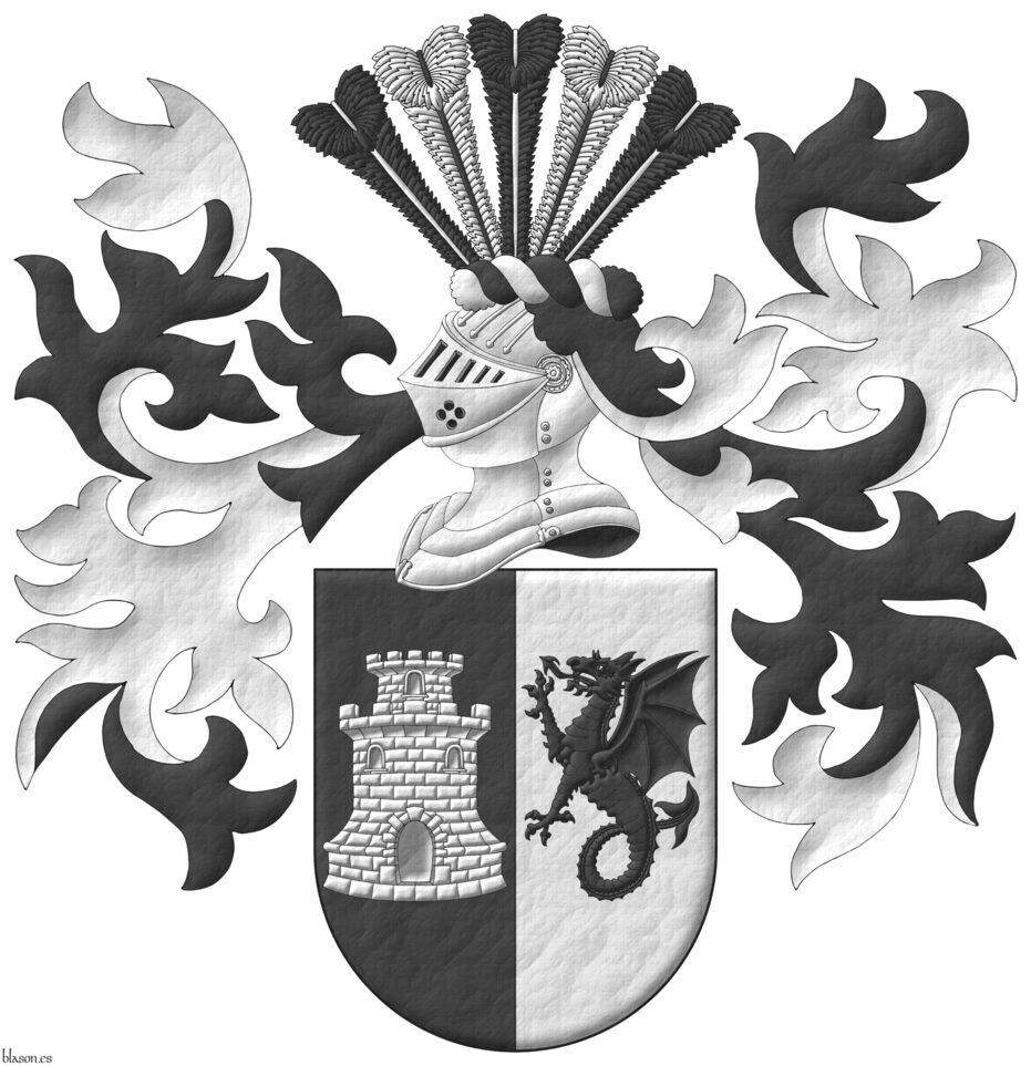 Party per pale: 1 Sable, a tower with a turret Argent; 2 Argent, a wyvern erect Sable. Crest: Upon a helm with a wreath Argent and Sable, five ostrich feathers alternating Sable shafted Argent, and Argent shafted Sable. Mantling: Sable doubled Argent.