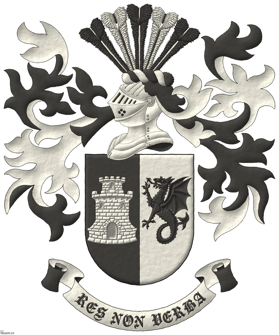 Escudo partido: 1o de sable, una torre donjonada de plata; 2o de plata, un guiverno rampante de sable. Timbrado de un yelmo adornado de dos lambrequines de sable doblados de plata, un burelete de plata y sable, cimado de un penacho de cinco plumas alternas de sable fustadas de plata y de plata fustadas de sable. Lema: Res non verba.