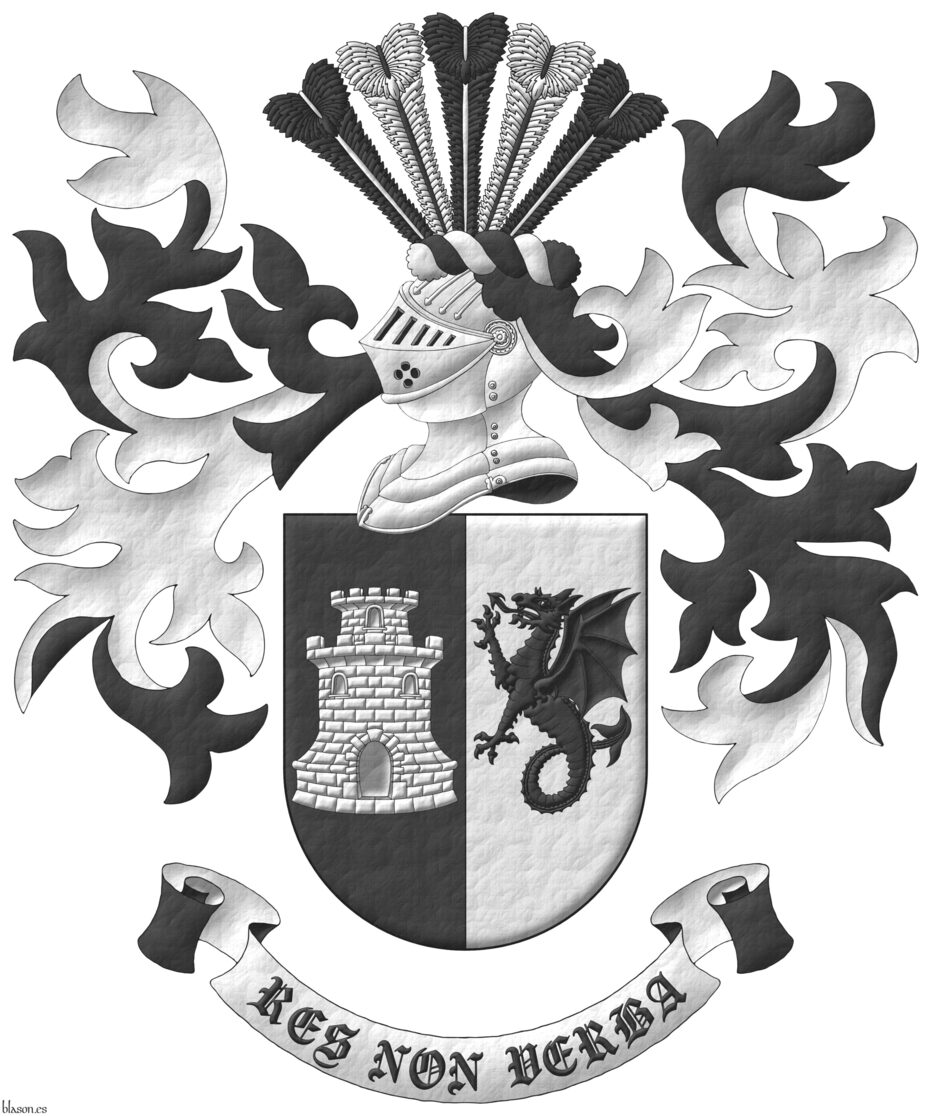 Party per pale: 1 Sable, a tower with a turret Argent; 2 Argent, a wyvern erect Sable. Crest: Upon a helm with a wreath Argent and Sable, five ostrich feathers alternating Sable shafted Argent, and Argent shafted Sable. Mantling: Sable doubled Argent. Motto: Res non verba.