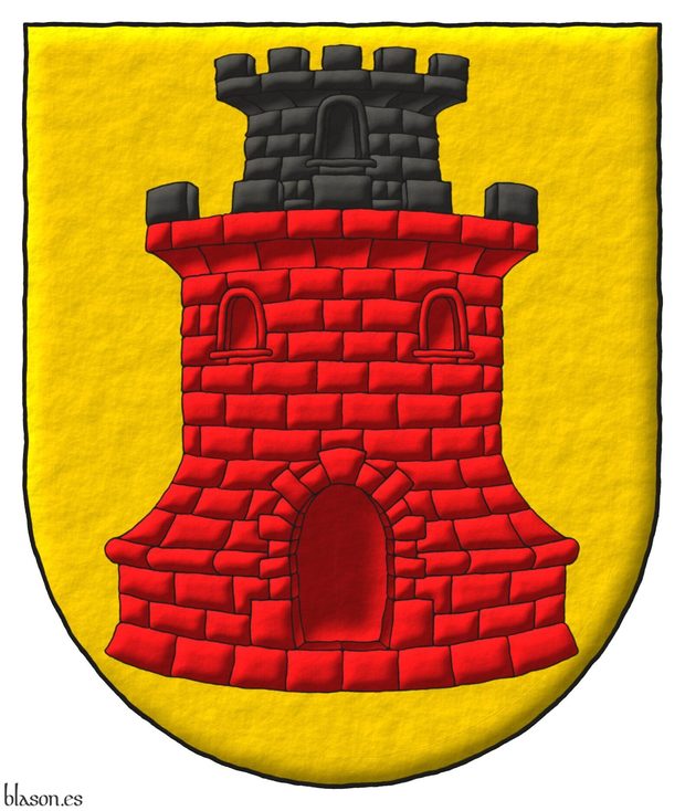 Or, a tower Gules, embattled, masoned and with a turret Sable.