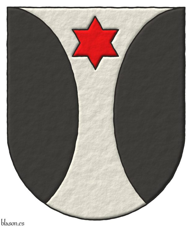 Escudo de plata, flanqueado curvo de sable, en jefe una estrella de seis rayos de gules