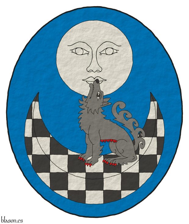 Azure, in chief a moon with human face Argent, in base a crescent chequey Sable and Argent; overall a she-wolf ululant, sejant on the crescent proper, armed and the udders Gules.