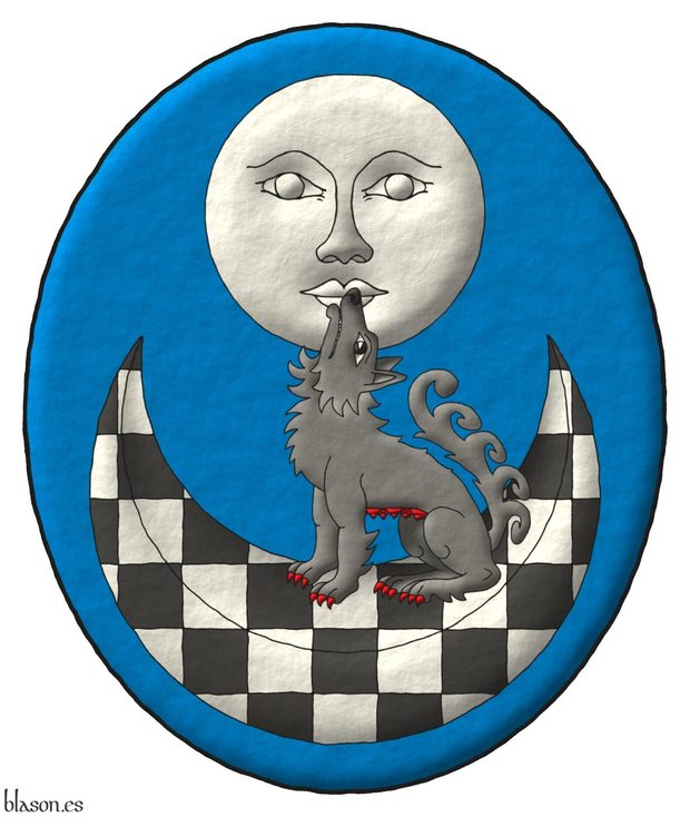 Escudo de azur, en jefe una luna figurada de plata, en punta un creciente ajedrezado de sable y plata; brochante sobre el todo una loba aullante, sentada en el creciente al natural, armada y ubres de gules.