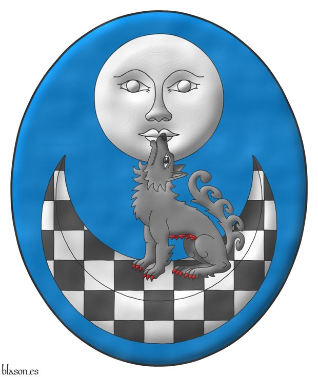 Azure, in chief a moon with human face Argent, in base a crescent chequey Sable and Argent; overall a she-wolf ululant, sejant on the crescent proper, armed and the udders Gules.