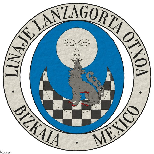 Azure, in chief a moon with human face Argent, in base a crescent chequey Sable and Argent; overall a she-wolf ululant, sejant on the crescent proper, armed and the udders Gules. Motto around the shield: Linaje Lanzagorta Otxoa  Bizkaia  Mxico Sable over a scroll Argent.