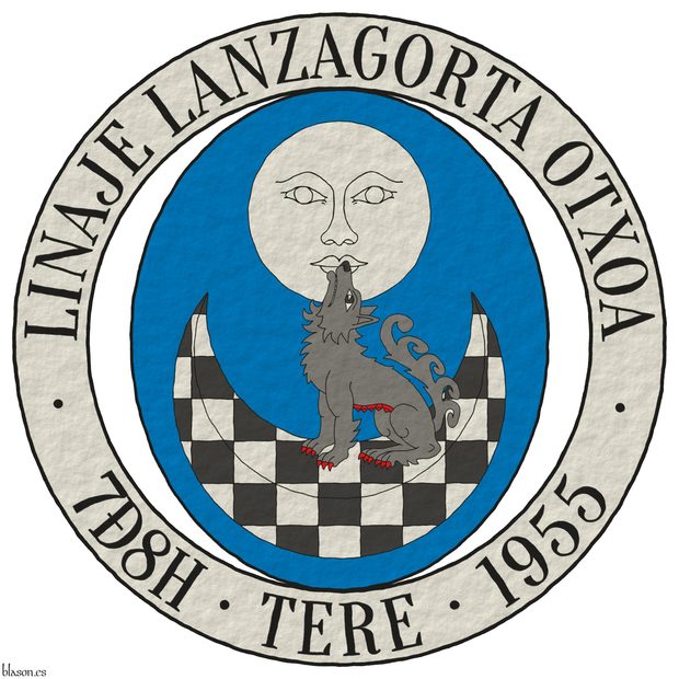 Escudo de azur, en jefe una luna figurada de plata, en punta un creciente ajedrezado de sable y plata; brochante sobre el todo una loba aullante, sentada en el creciente al natural, armada y ubres de gules. Divisa alrededor del escudo: Linaje Lanzagorta Otxoa  7&ETH8H  Tere  1955 de sable sobre una filacteria de plata.