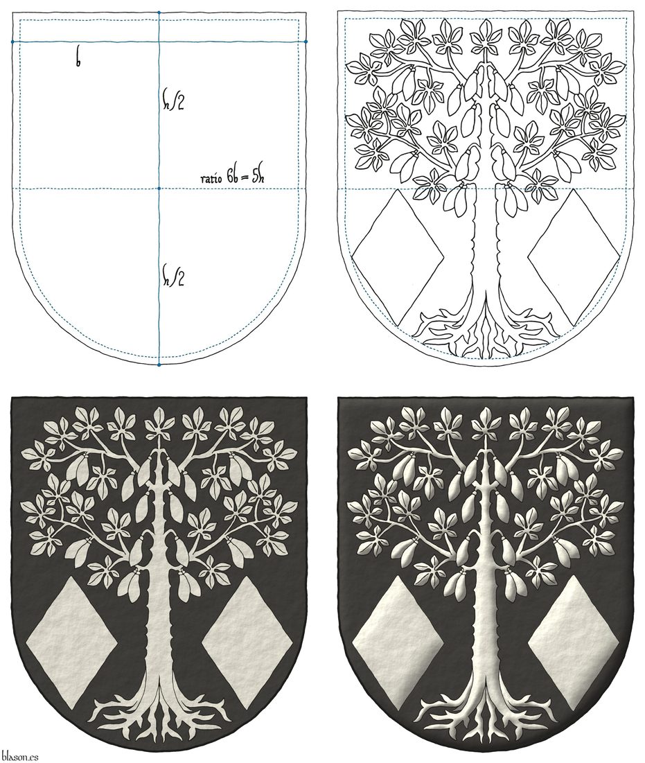 Sable, a kapok tree eradicated and fructed between in base two lozenges Argent.