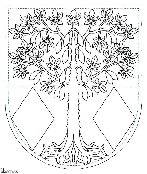 Sable, a kapok tree eradicated and fructed between in base two lozenges Argent.