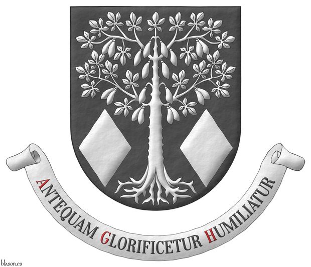 Sable, a kapok tree eradicated and fructed between in base two lozenges Argent. Motto: Antequam Glorificetur Humiliatur Sable, with initial letters Gules, over a scroll Argent.