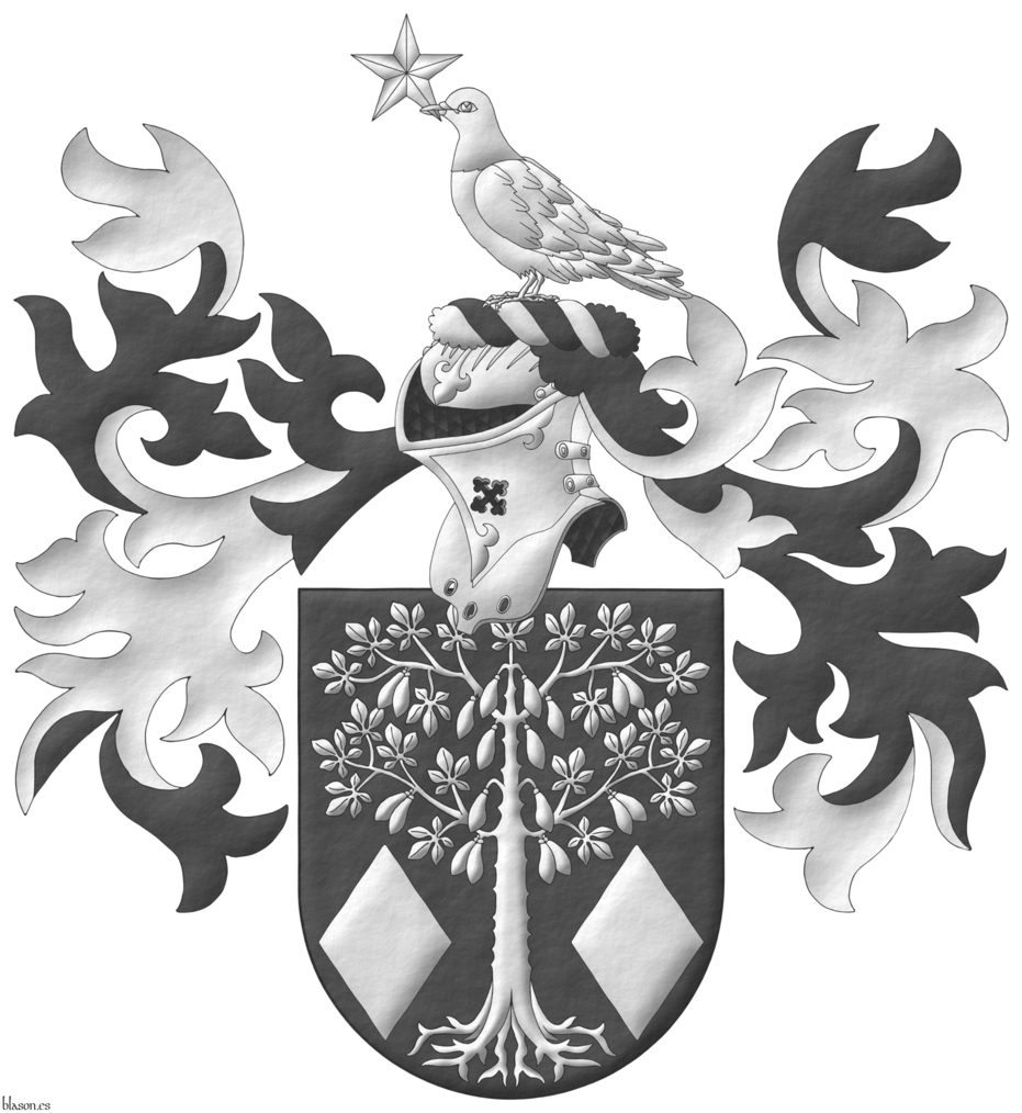 Sable, a kapok tree eradicated and fructed between in base two lozenges Argent. Crest: Upon a helm with a wreath Argent and Sable, a dove grasping in its beak a mullet Argent. Mantling: Sable doubled Argent.