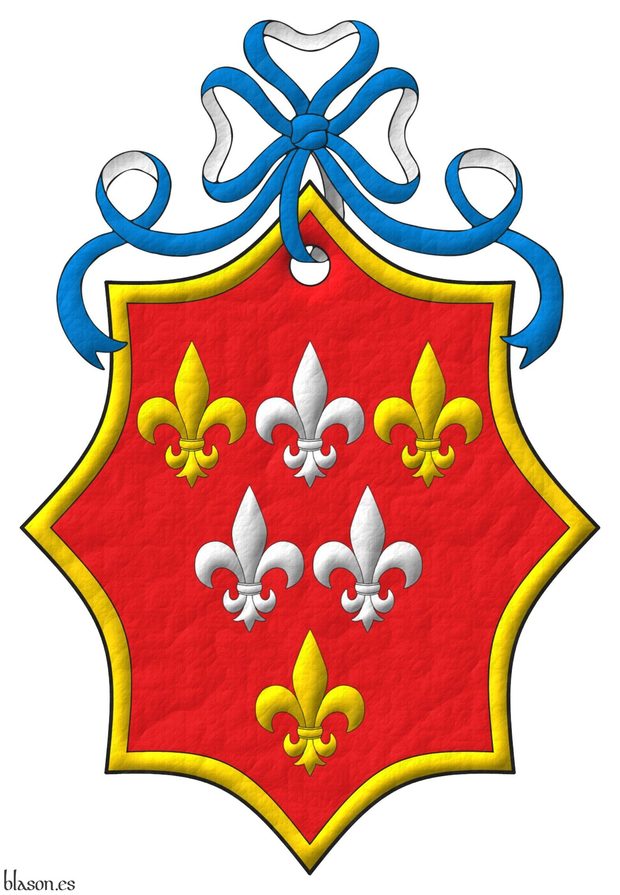 Gules, six fleurs de lis, in chief one Argent between two Or, in fess two Argent, in base one Or; within a bordure Or. Crest: A ribbon Azure doubled Argent.