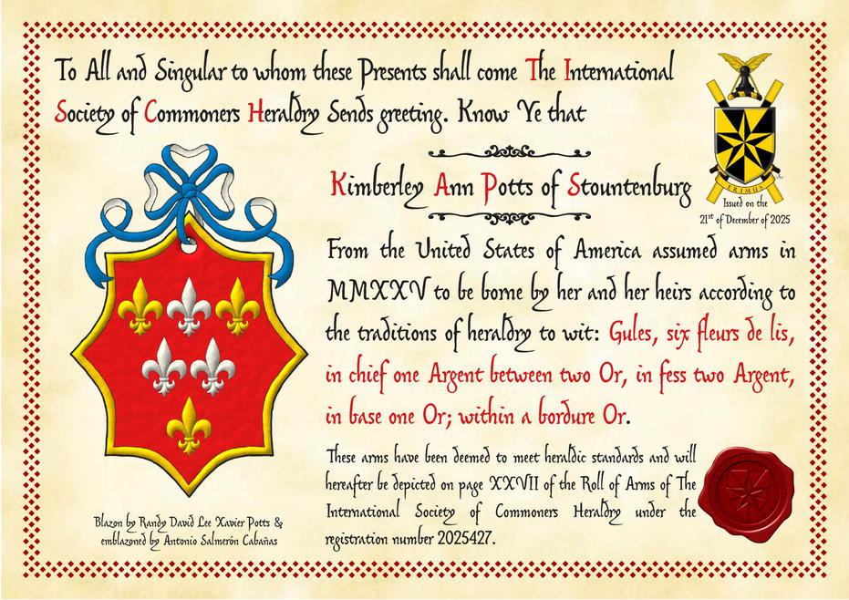 Gules, six fleurs de lis, in chief one Argent between two Or, in fess two Argent, in base one Or; within a bordure Or. Crest: A ribbon Azure doubled Argent.