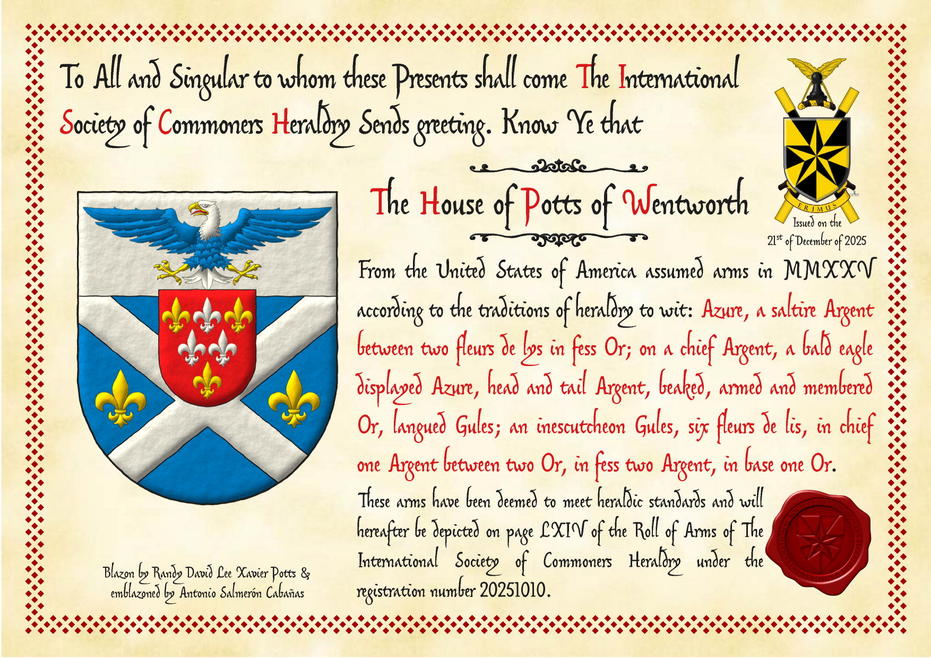 Azure, a saltire Argent between two fleurs de lys in fess Or; on a chief Argent, a bald eagle displayed Azure, head and tail Argent, beaked, armed and membered Or, langued Gules; an inescutcheon Gules, six fleurs de lis, in chief one Argent between two Or, in fess two Argent, in base one Or.