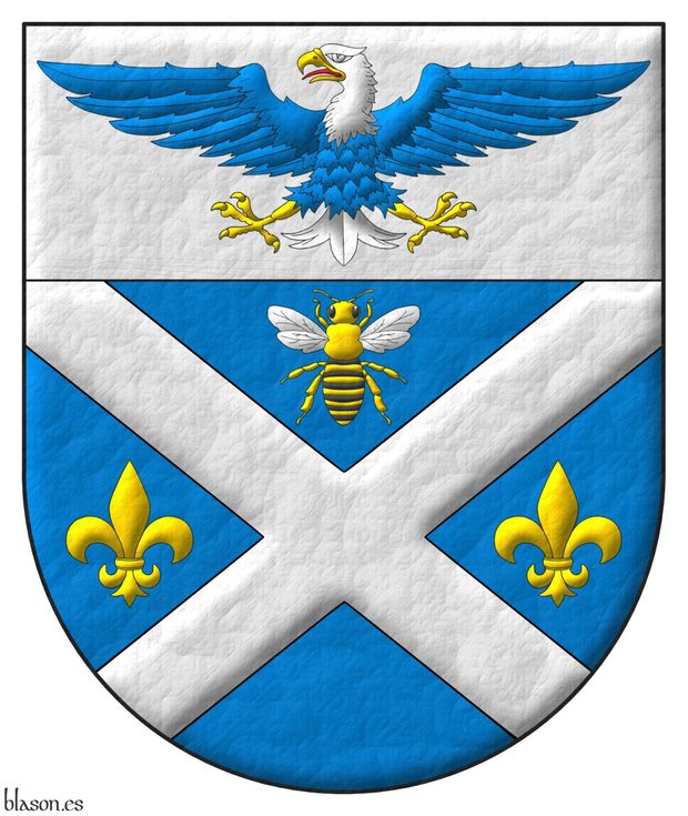 Azure, a saltire Argent between in chief a bee proper, in fess two fleurs de lys Or; on a chief Argent, a bald eagle displayed Azure, head and tail Argent, beaked, armed and membered Or, langued Gules.