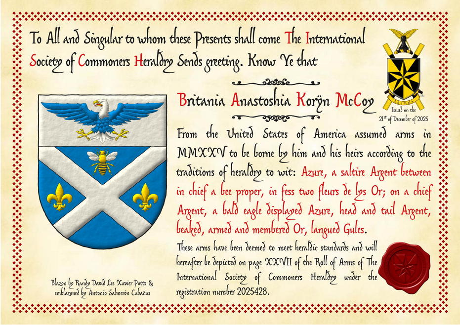 Azure, a saltire Argent between in chief a bee proper, in fess two fleurs de lys Or; on a chief Argent, a bald eagle displayed Azure, head and tail Argent, beaked, armed and membered Or, langued Gules.