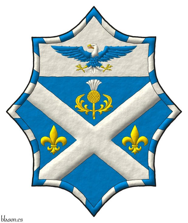 Escudo de azur, un sotuer de plata acompa�ado en jefe de un cardo de oro florido de plata, en faja de dos flores de lis de oro; en un jefe de plata, un �guila calva de azur, cabeza y cola de plata, picada, armada y membrada de oro, lampasada de gules; una bordura jironada de treinta y seis piezas de azur y plata.