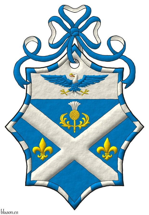 Escudo de azur, un sotuer de plata acompa�ado en jefe de un cardo de oro florido de plata, en faja de dos flores de lis de oro; en un jefe de plata, un �guila calva de azur, cabeza y cola de plata, picada, armada y membrada de oro, lampasada de gules; una bordura jironada de treinta y seis piezas de azur y plata. Timbrado de un lazo de azur doblado de plata.