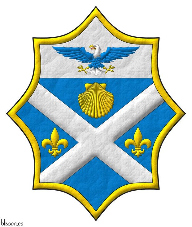 Azure, a saltire Argent between in chief an escallop Or, in fess two fleurs de lys Or; on a chief Argent, a bald eagle displayed Azure, head and tail Argent, beaked, armed and membered Or, langued Gules; within a bordure Or.
