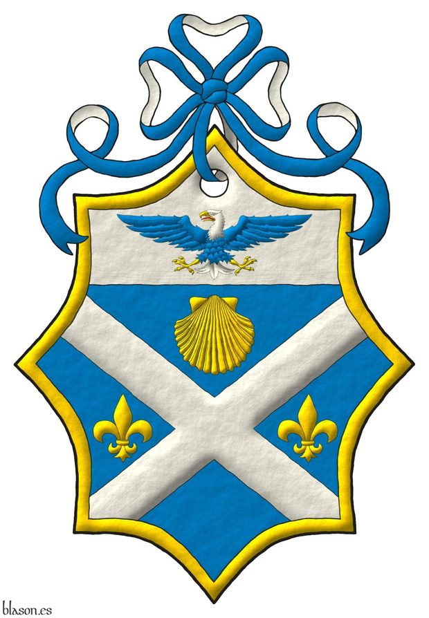 Escudo de azur, un sotuer de plata acompa�ado en jefe de una venera de oro, en faja de dos flores de lis de oro; en un jefe de plata, un �guila calva de azur, cabeza y cola de plata, picada, armada y membrada de oro, lampasada de gules; una bordura de oro. Timbrado de un lazo de azur doblado de plata.