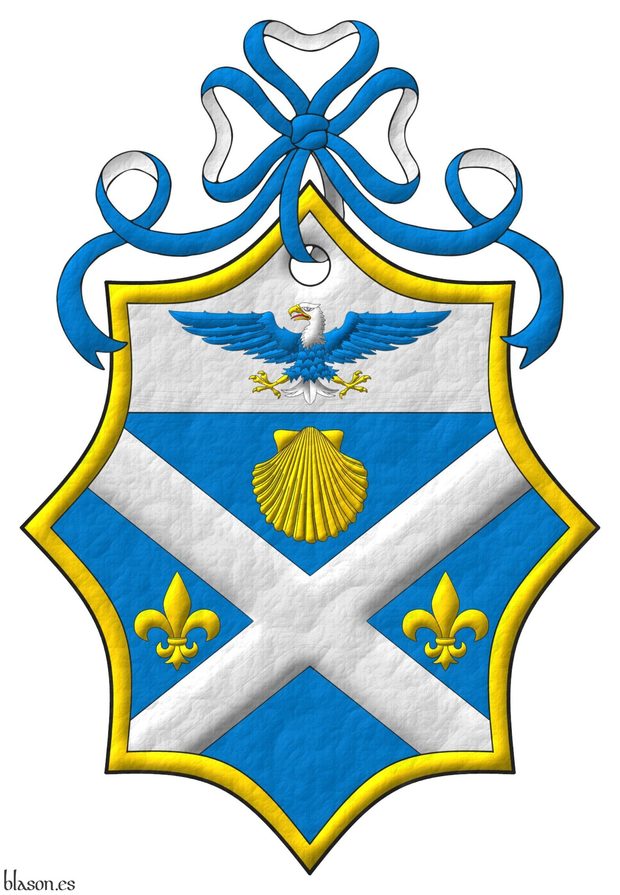 Azure, a saltire Argent between in chief an escallop Or, in fess two fleurs de lys Or; on a chief Argent, a bald eagle displayed Azure, head and tail Argent, beaked, armed and membered Or, langued Gules; within a bordure Or. Crest: A ribbon Azure doubled Argent.