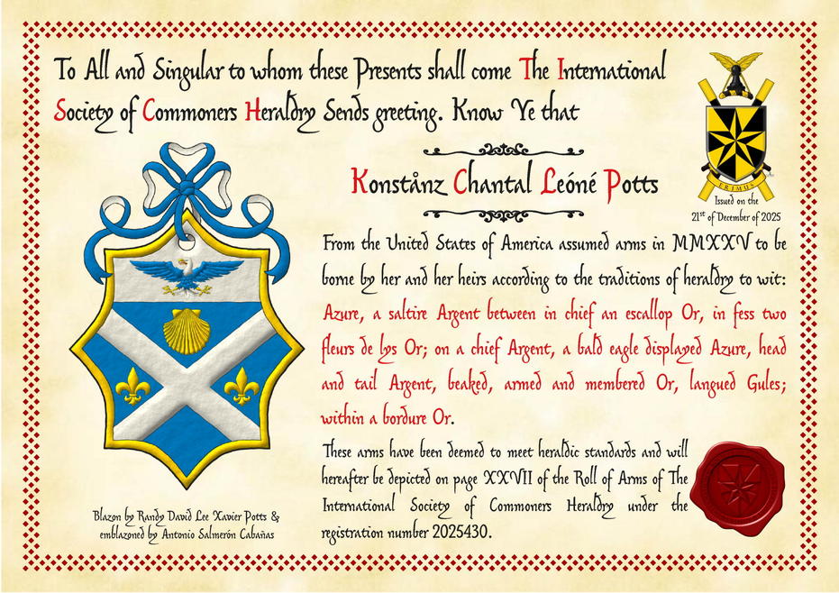 Escudo de azur, un sotuer de plata acompa�ado en jefe de una venera de oro, en faja de dos flores de lis de oro; en un jefe de plata, un �guila calva de azur, cabeza y cola de plata, picada, armada y membrada de oro, lampasada de gules; una bordura de oro. Timbrado de un lazo de azur doblado de plata.