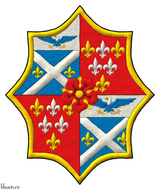 Escudo cuartelado: 1o y 4o de azur, un sotuer de plata acompa�ado en faja de dos flores de lis de oro; en un jefe de plata, un �guila calva de azur, cabeza y cola de plata, picada, armada y membrada de oro, lampasada de gules; 2o y 3o de gules, seis flores de lis, en jefe una de plata entre dos de oro, en faja dos de plata y en punta una de oro; una bordura de oro; brochante sobre el todo una rosa de gules, hojada y botonada de oro.