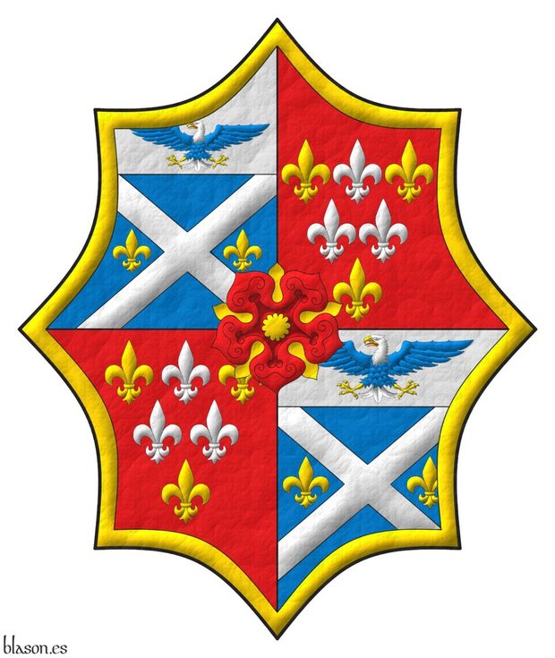 Quarterly: 1 and 4 Azure, a saltire Argent between two fleurs de lys in fess Or; on a chief Argent, a bald eagle displayed Azure, head and tail Argent, beaked, armed and membered Or, langued Gules; 2 and 3 Gules, six fleurs de lis, in chief one Argent between two Or, in fess two Argent, in base one Or; within a bordure Or; overall a rose Gules, leaved and seeded Or.