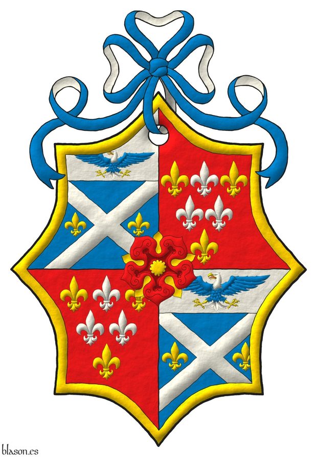 Escudo cuartelado: 1o y 4o de azur, un sotuer de plata acompa�ado en faja de dos flores de lis de oro; en un jefe de plata, un �guila calva de azur, cabeza y cola de plata, picada, armada y membrada de oro, lampasada de gules; 2o y 3o de gules, seis flores de lis, en jefe una de plata entre dos de oro, en faja dos de plata y en punta una de oro; una bordura de oro; brochante sobre el todo una rosa de gules, hojada y botonada de oro. Timbrado de un lazo de azur doblado de plata.