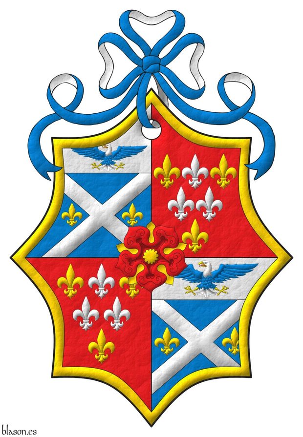 Quarterly: 1 and 4 Azure, a saltire Argent between two fleurs de lys in fess Or; on a chief Argent, a bald eagle displayed Azure, head and tail Argent, beaked, armed and membered Or, langued Gules; 2 and 3 Gules, six fleurs de lis, in chief one Argent between two Or, in fess two Argent, in base one Or; within a bordure Or; overall a rose Gules, leaved and seeded Or. Crest: A ribbon Azure doubled Argent.