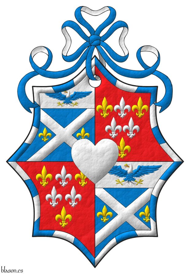 Quarterly: 1 and 4 Azure, a saltire Argent between two fleurs de lys in fess Or; on a chief Argent, a bald eagle displayed Azure, head and tail Argent, beaked, armed and membered Or, langued Gules; 2 and 3 Gules, six fleurs de lis, in chief one Argent between two Or, in fess two Argent, in base one Or ; within a bordure gyronny of twenty-four Argent and Azure; overall a heart Argent. Crest: A ribbon Azure doubled Argent.