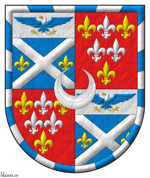Quarterly: 1 and 4 Azure, a saltire Argent between two fleurs de lys in fess Or; on a chief Argent, a bald eagle displayed Azure, head and tail Argent, beaked, armed and membered Or, langued Gules; 2 and 3 Gules, six fleurs de lis, in chief one Argent between two Or, in fess two Argent, in base one Or; within a bordure gyronny of twenty-four Argent and Azure; overall a crescent Argent.