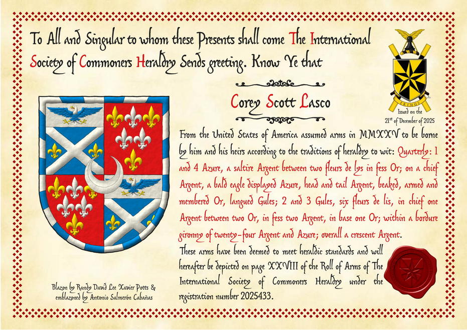 Quarterly: 1 and 4 Azure, a saltire Argent between two fleurs de lys in fess Or; on a chief Argent, a bald eagle displayed Azure, head and tail Argent, beaked, armed and membered Or, langued Gules; 2 and 3 Gules, six fleurs de lis, in chief one Argent between two Or, in fess two Argent, in base one Or; within a bordure gyronny of twenty-four Argent and Azure; overall a crescent Argent.