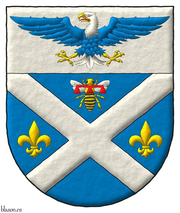Escudo de azur, un sotuer de plata acompa�ado en jefe de una abeja al natural, en faja de dos flores de lis de oro; en un jefe de plata, un �guila calva de azur, cabeza y cola de plata, picada, armada y membrada de oro, lampasada de gules; brochante sobre el todo un lambel de gules.