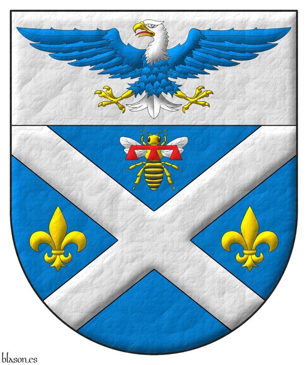 Azure, a saltire Argent between in chief a bee proper, in fess two fleurs de lys Or; on a chief Argent, a bald eagle displayed Azure, head and tail Argent, beaked, armed and membered Or, langued Gules; overall a label Gules.