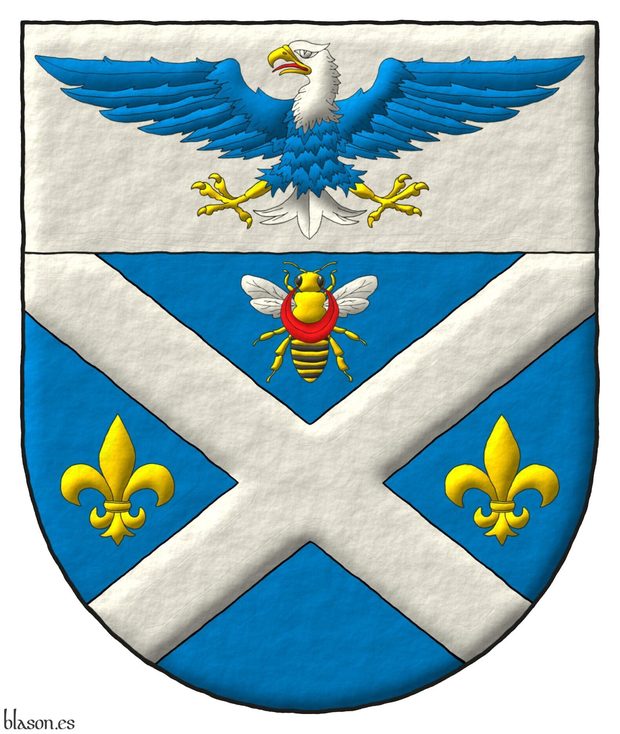 Escudo de azur, un sotuer de plata acompa�ado en jefe de una abeja al natural, en faja de dos flores de lis de oro; en un jefe de plata, un �guila calva de azur, cabeza y cola de plata, picada, armada y membrada de oro, lampasada de gules; brochante sobre el todo un creciente de gules.
