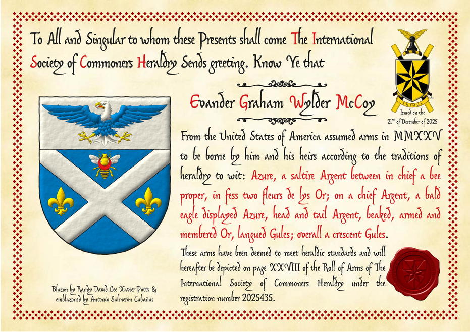 Azure, a saltire Argent between in chief a bee proper, in fess two fleurs de lys Or; on a chief Argent, a bald eagle displayed Azure, head and tail Argent, beaked, armed and membered Or, langued Gules; overall a crescent Gules.